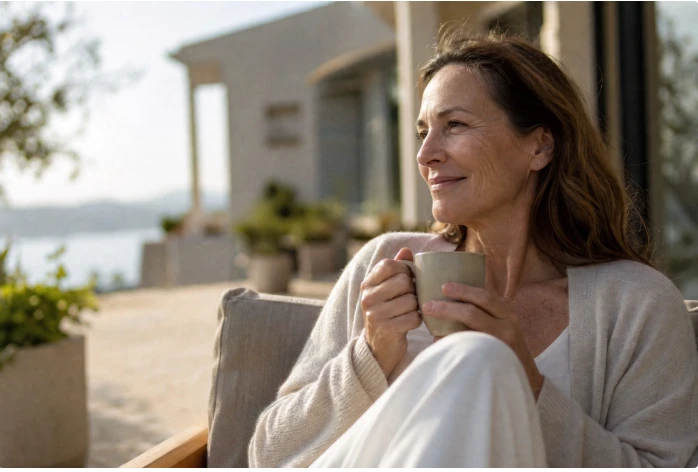Une femme sereine savoure un café en terrasse face à la mer